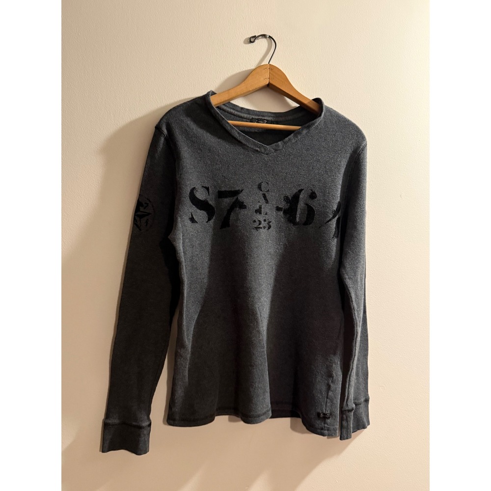 Seven7 Mens Y2K Waffle Knit Thermal Long Sleeve Graphic Shirt Grey Large